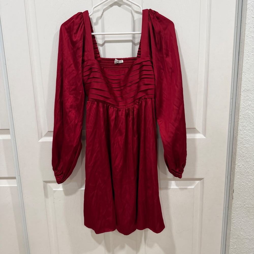 Abercrombie & Fitch Red Satin Pleated Puff Sleeve Mini Dress XST Tall
